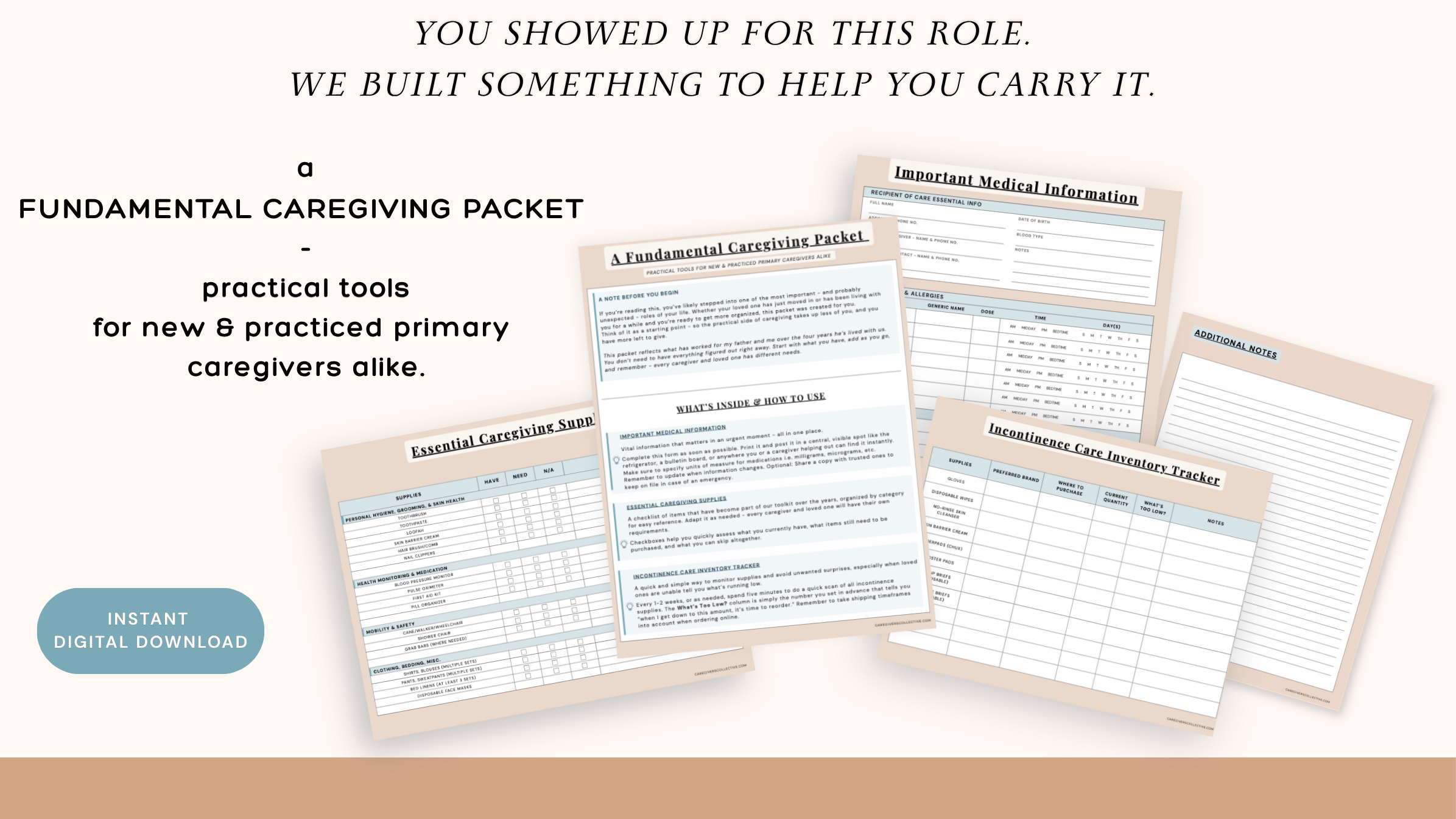 A Fundamental Caregiving Packet - printable caregiving tools for new and practiced primary family caregivers managing incontinence and dementia at home. Instant digital download by Caregivers Collective. 
