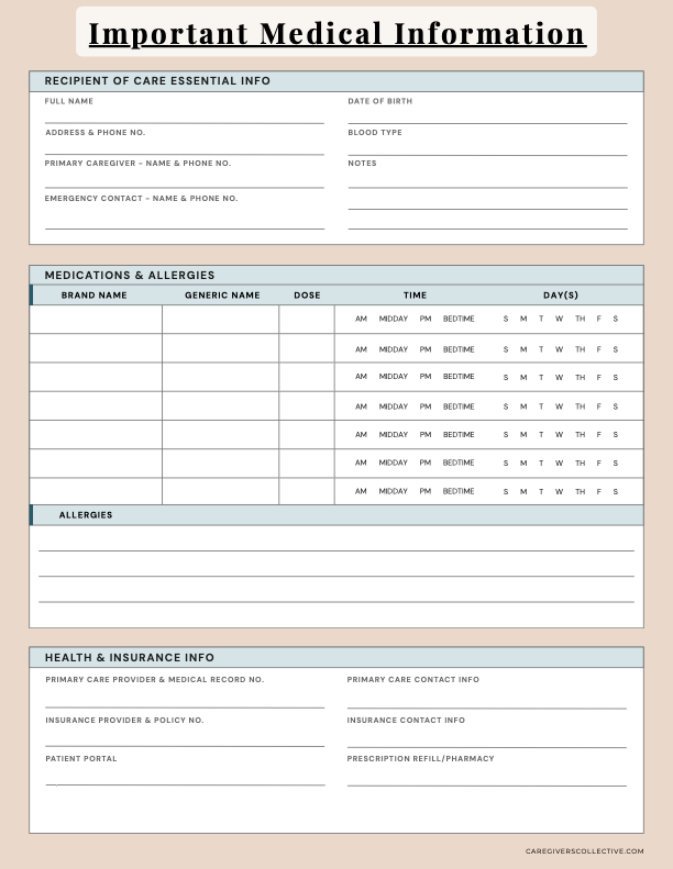 Important medical information printable form for family caregivers - Caregivers Collective.