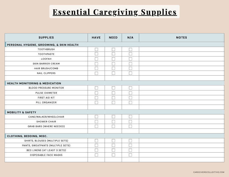 Printable caregiving supply checklist for family caregivers - Caregivers Collective.