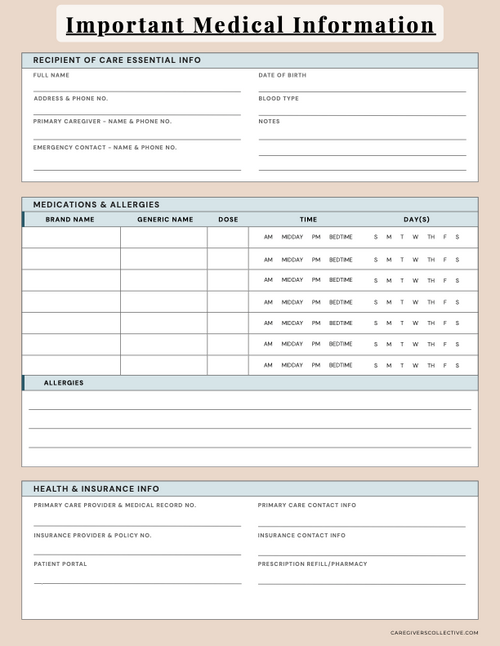 Printable Medical Information Form - Caregivers Collective