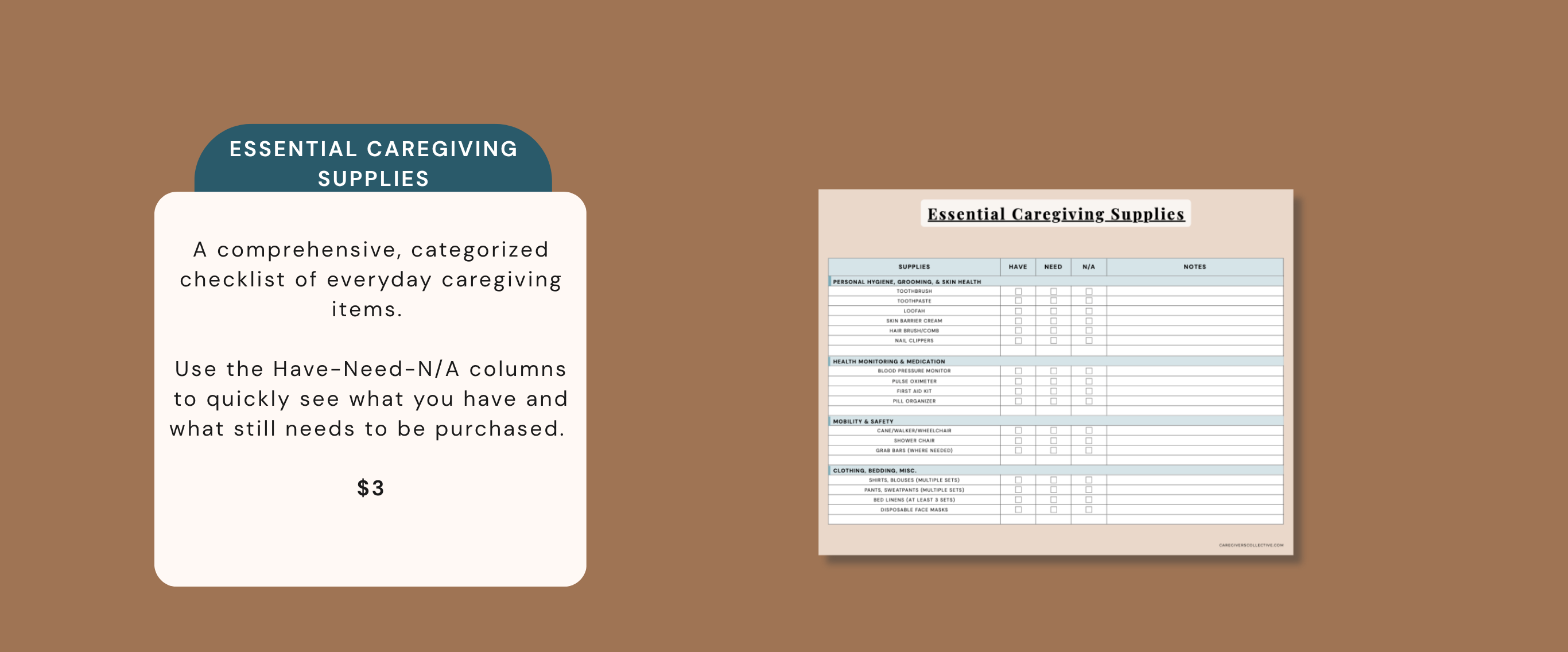 Essential caregiving supplies, checklist – printable for new family caregivers. A comprehensive categorized checklist of everyday caregiving items with Have, Need, N/A columns. $3 instant digital download by Caregiver's Collective.