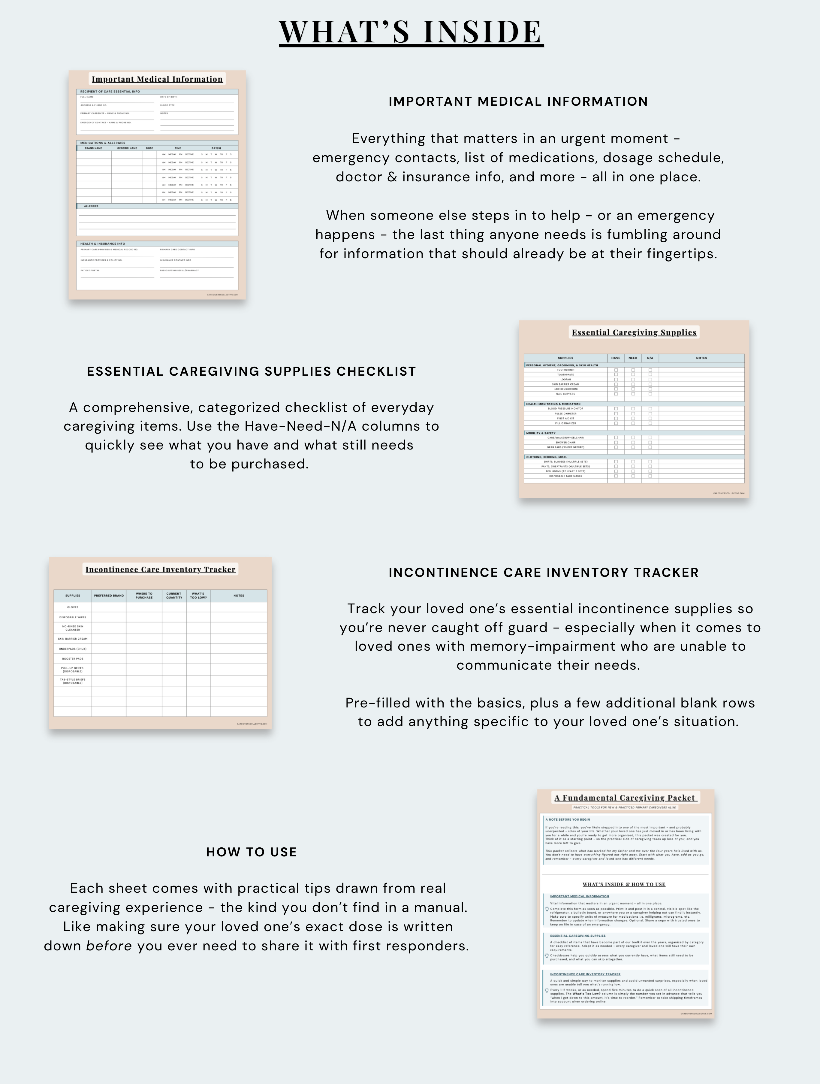 What's inside A Fundamental Caregiving Packet - Important Medical Information form, Essential Caregiving Supplies checklist, Incontinence Care Inventory Tracker, and How to Use guide. Printable caregiving tools for new family caregivers. Instant digital download by Caregivers Collective.