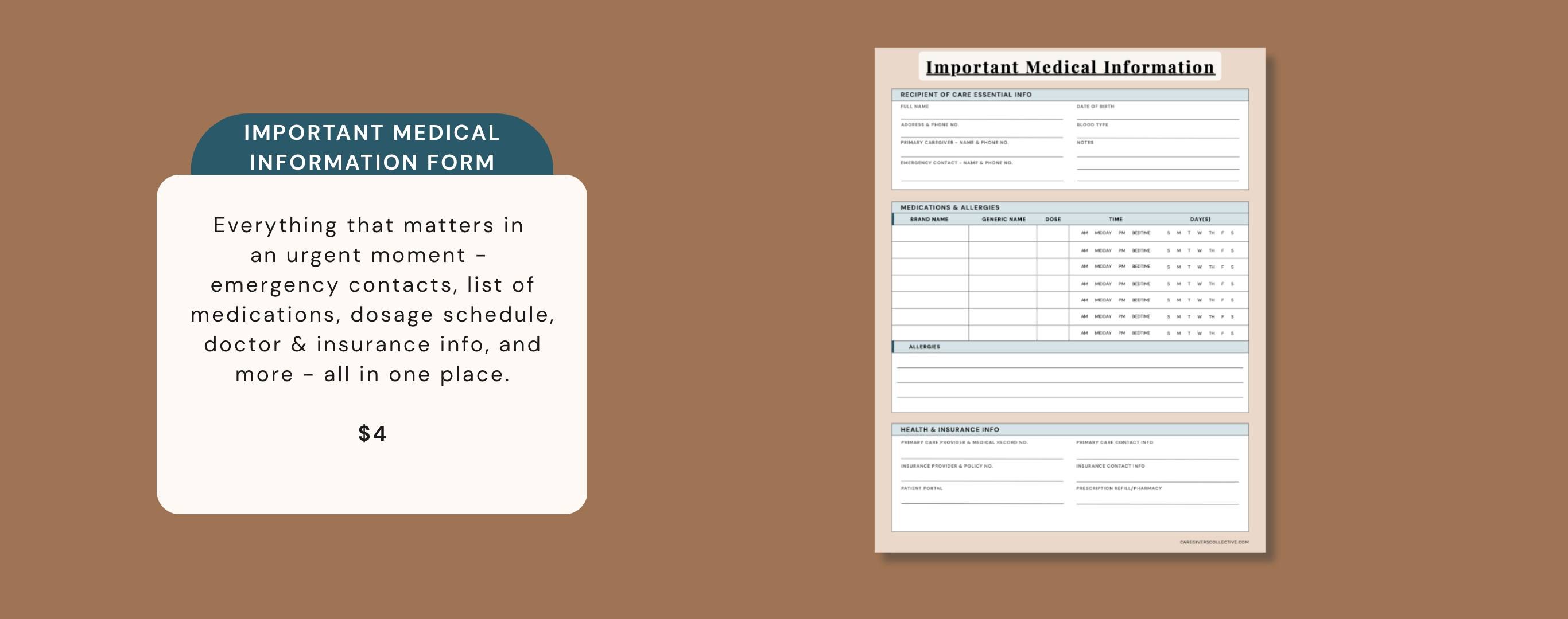 Important Medical Information form - printable for family caregivers. Everything that matters in an urgent moment including emergency contacts, medications, dosage schedule, doctor and insurance info. $4 instant digital download by Caregivers Collective.