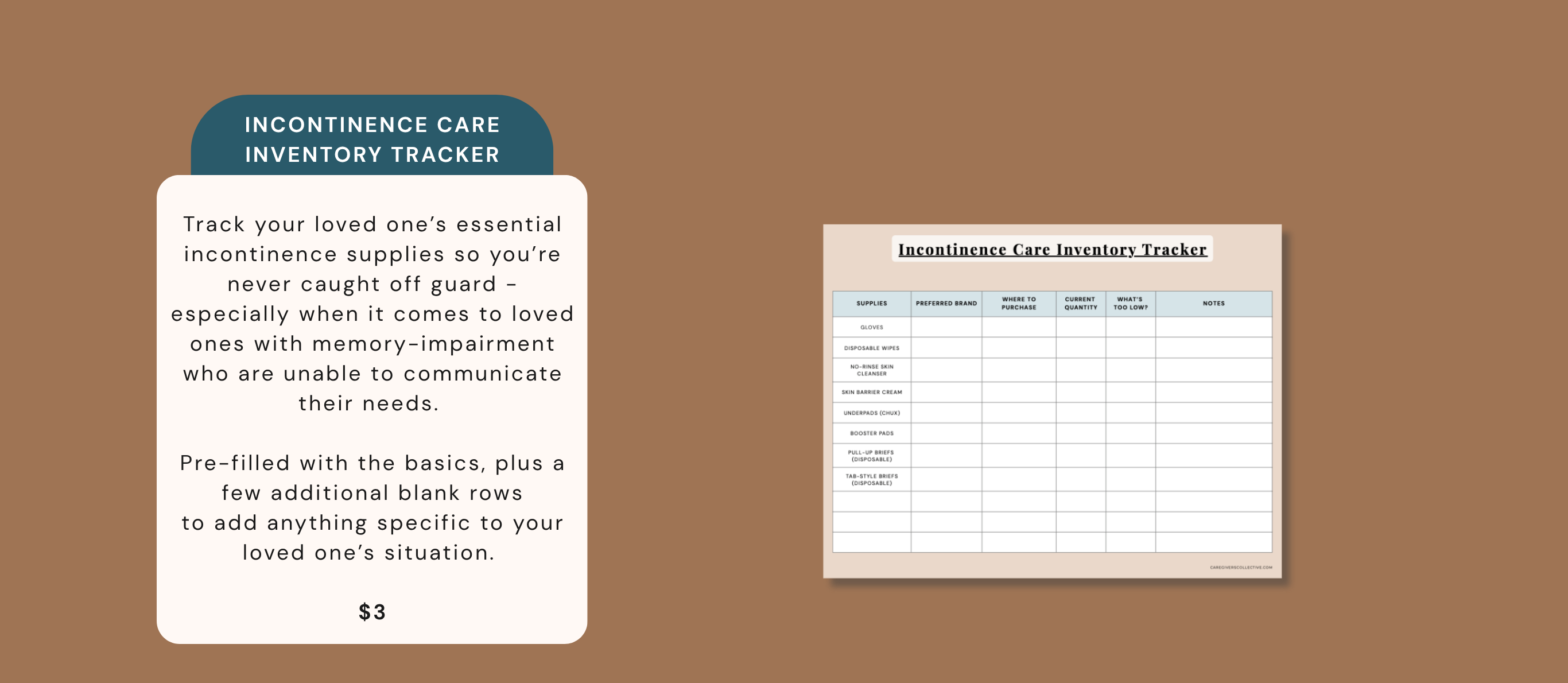 Incontinence Care Inventory Tracker – printable for new family caregivers managing adult incontinence care for the first time. Check essential supplies so you're never caught off guard, especially when caring for a loved one with memory impairment. $3 instant digital download by Caregiver's Collective.